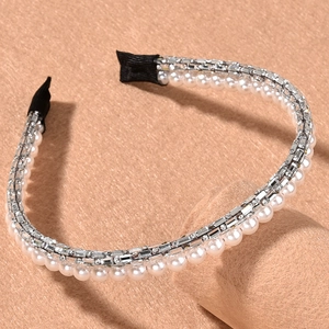 Serre-tête de mariée élégant à double rangée de perles blanches et strass brillants