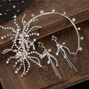 Elegant Silver Bridal Hair Accessories Set Alloy Imitation Artificial Pearl Rhinestone Headband Hairpin And Tassel Earrings For Wedding Party
