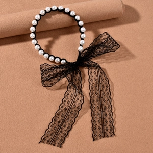 Elegant black lace bow headband with white pearls for bridal wedding hair accessories