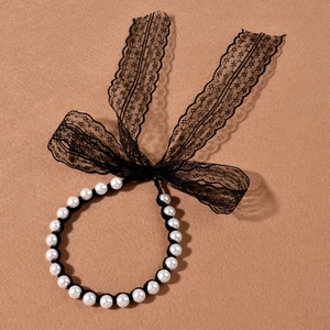 Elegant pearl hairband with black lace bow for bridal wedding hair accessories