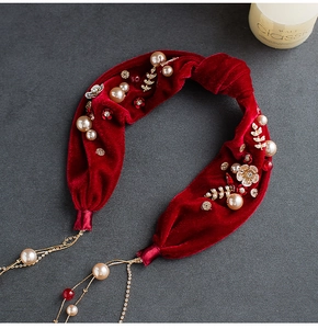 Elegant red velvet bridal headband with pearls, rhinestones and tassel chains