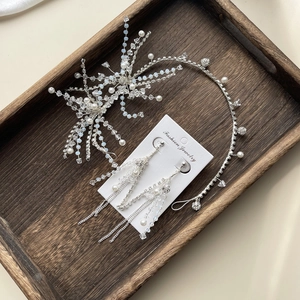Elegant bridal jewelry set with silver floral hairband, tiara and pearl tassel earrings