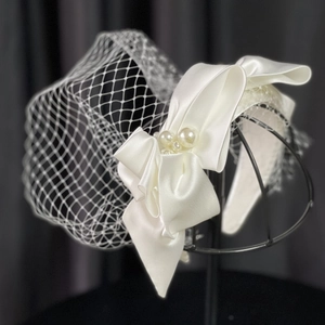 French Vintage White Satin Bridal Headband With Large Bow Mesh Veil And Faux Artificial Pearl Accents For Wedding Party Women Headwear