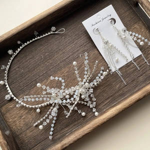 Elegant bridal hairband and long tassel earrings set with crystals and white pearls