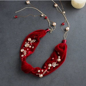 Vintage Red Velvet Bridal Headband With Gold Flower Artificial Pearl Rhinestone Tassel Elegant Wedding Hair Accessories For Women