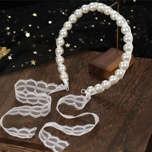 Elegant Imitation Artificial Pearl Headband With Lace Ribbon Bow Vintage Bridal Hair Accessory For Wedding Party Photography Women