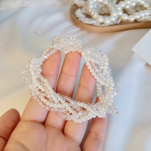 Elegant Korean style crystal and pearl hair tie and multi-layer beaded bracelet for women