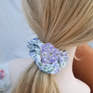 French romantic floral scrunchie with purple heart resin detail on ponytail