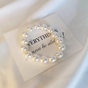 Elegant Korean style crystal pearl hair tie and beaded bracelet in warm white finish