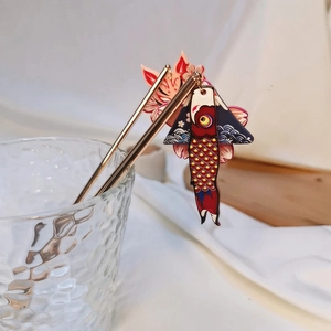 Japanese style hair stick with gold metal pin featuring koi fish and maple leaf charms
