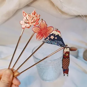 Japanese Style Painted Embossed Mount Fuji Hair Stick Cute Forest Style Sakura Fox Hair Pin Alloy Resin Hair Jewelry For Women