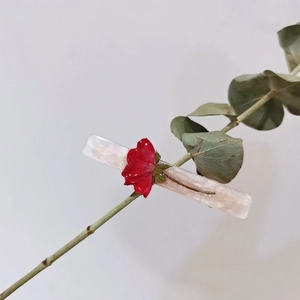 Elegant rectangular resin hair clip featuring a preserved real red rose on pearl white
