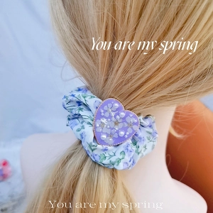 French Romantic Purple Dried Flower Resin Hair Clip Floral Scrunchie Artificial Pearl Elegant Heart Clover Hair Tie Women