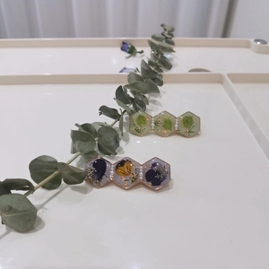 Floral resin hair clips with real dried flowers and gold foil in hexagonal frames