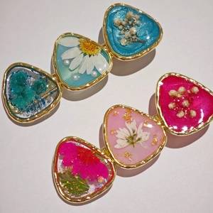 Barrettes à cheveux en résine avec fleurs séchées et feuilles d'or en bleu et rose