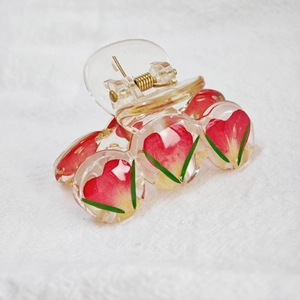 Handmade clear resin shark hair clip with red heart petals and dried flowers