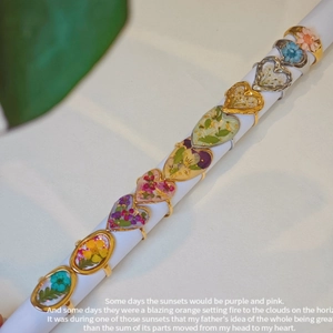 Handmade resin open ring with real dried flowers and gold foil in heart and floral shapes