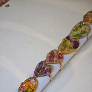Handmade stainless steel rings with real pressed dried flowers and gold foil in resin