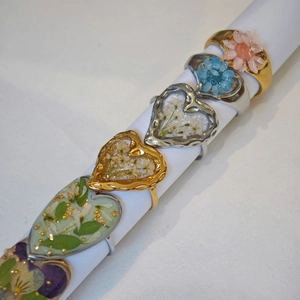 Handmade stainless steel open rings with real dried flowers and gold foil accents