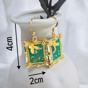 Vintage gold frame earrings with green daisies and butterflies, forest style, 4cm by 2cm