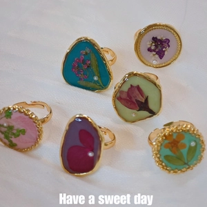 Handmade Morandi Color Real Dried Flower Resin Adjustable Open Ring For Women Vintage Chinese Style Gold Plated Alloy Finger Ring Jewelry