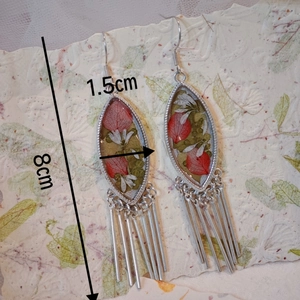 Ethnic style silver earrings with real dried flowers and long tassels, 8cm in length