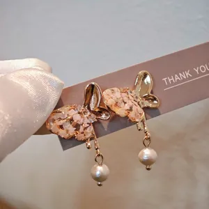 Romantic Real Dried Flower Butterfly Drop Earrings With 925 Sterling Silver Earring Post Gold Plated Artificial Pearl Rhinestone Botanical Earrings For Women