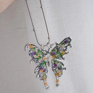 Handmade stainless steel butterfly necklace with colorful dried flowers in resin pendant