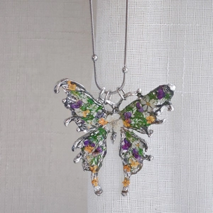 Handmade butterfly pendant necklace with purple and yellow dried flowers in stainless steel