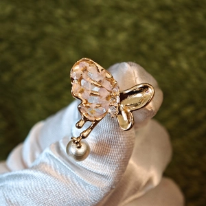 Golden butterfly earrings with real purple dried flowers and white pearl pendant drop