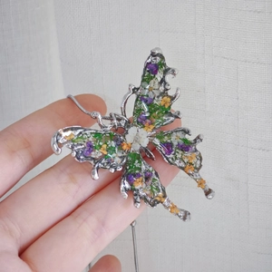 Handmade butterfly pendant necklace with real dried flowers in resin and stainless steel chain