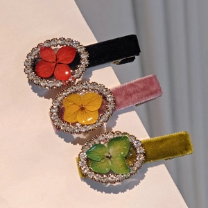 Handmade Velvet Hair Clip Preserved Flower Rhinestone Inlaid Vintage Floral Duckbill Clip Women Hair Accessories
