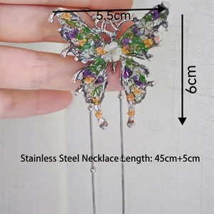 Handmade butterfly pendant necklace with colorful dried flowers in stainless steel frame