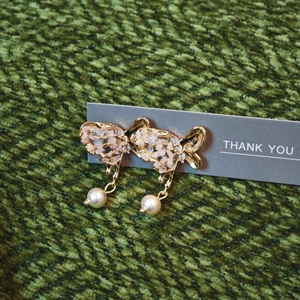 Romantic handmade butterfly earrings with pink petals, fine crystals and pearl drops