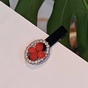 Vintage velvet hair clip with red floral hydrangea resin center and crystal border