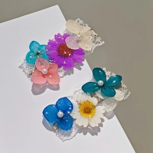 Handmade romantic lace hair clip with pearls and preserved resin flowers in mixed colors