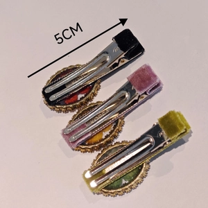 5CM handmade velvet hair clips set in black, pink, and green with floral embroidery