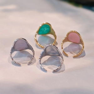 Handmade oil painting style resin rings with dried flowers on adjustable gold bands