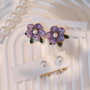Vintage purple floral drop enamel earrings with pearls and 925 silver needles