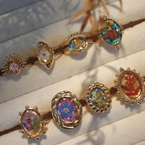 Handmade Vintage Stainless Steel Open Ring For Women Real Dried Flower Resin Floral Adjustable Finger Jewelry Finger Ring