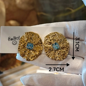 Handmade vintage gold stainless steel earrings with square blue marble stone inlay