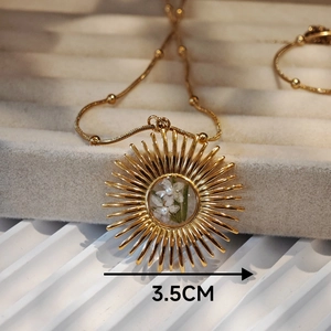 Handmade stainless steel sunflower pendant with real white dried flowers and beads