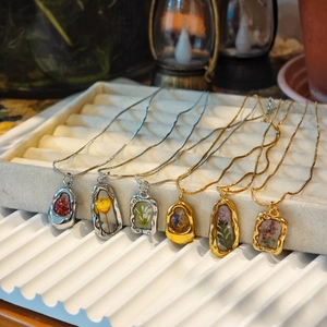 Exquisite handmade dried flower necklaces in six designs with stainless steel chains