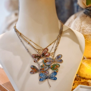 Handmade dragonfly pendant necklace with colorful wings and stainless steel chain links