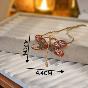 Handmade dragonfly pendant necklace with real dried flowers and gold stainless steel chain
