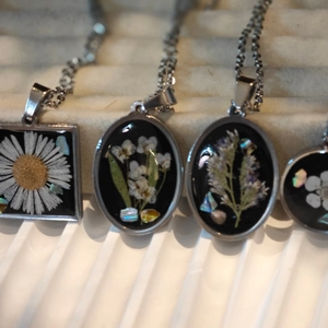Handmade Black Forest resin necklaces with real dried flowers and stainless steel chain