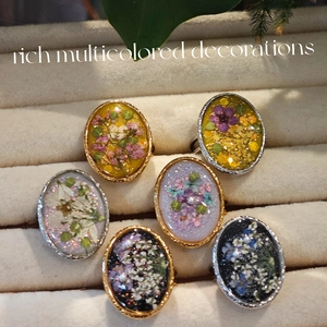Anillo Abierto de Acero Inoxidable Hecho a Mano Flores Secas Reales Resina Vintage Floral Ajustable Joyería para Mujer Oro Plata