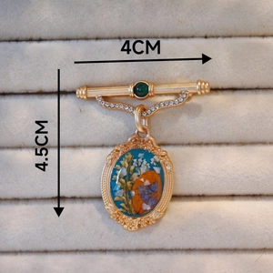 Vintage gold brooch with dried flowers in blue resin, handmade floral oil painting style