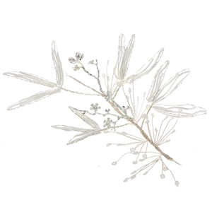 Elegant bridal hairpiece with white tube beads and silver wire leaves on white background