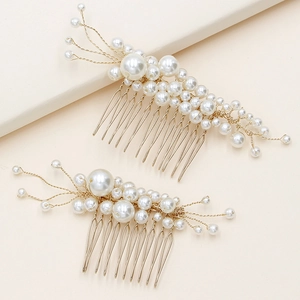 Handmade bridal hair comb set with white pearls and gold wire for wedding hair styling